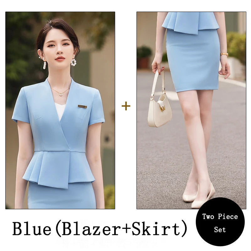 Women's Business Suits Summer Short Sleeve OL Style Office Formal Professional Work Wear Set with Skirt And Tops Career Outfit