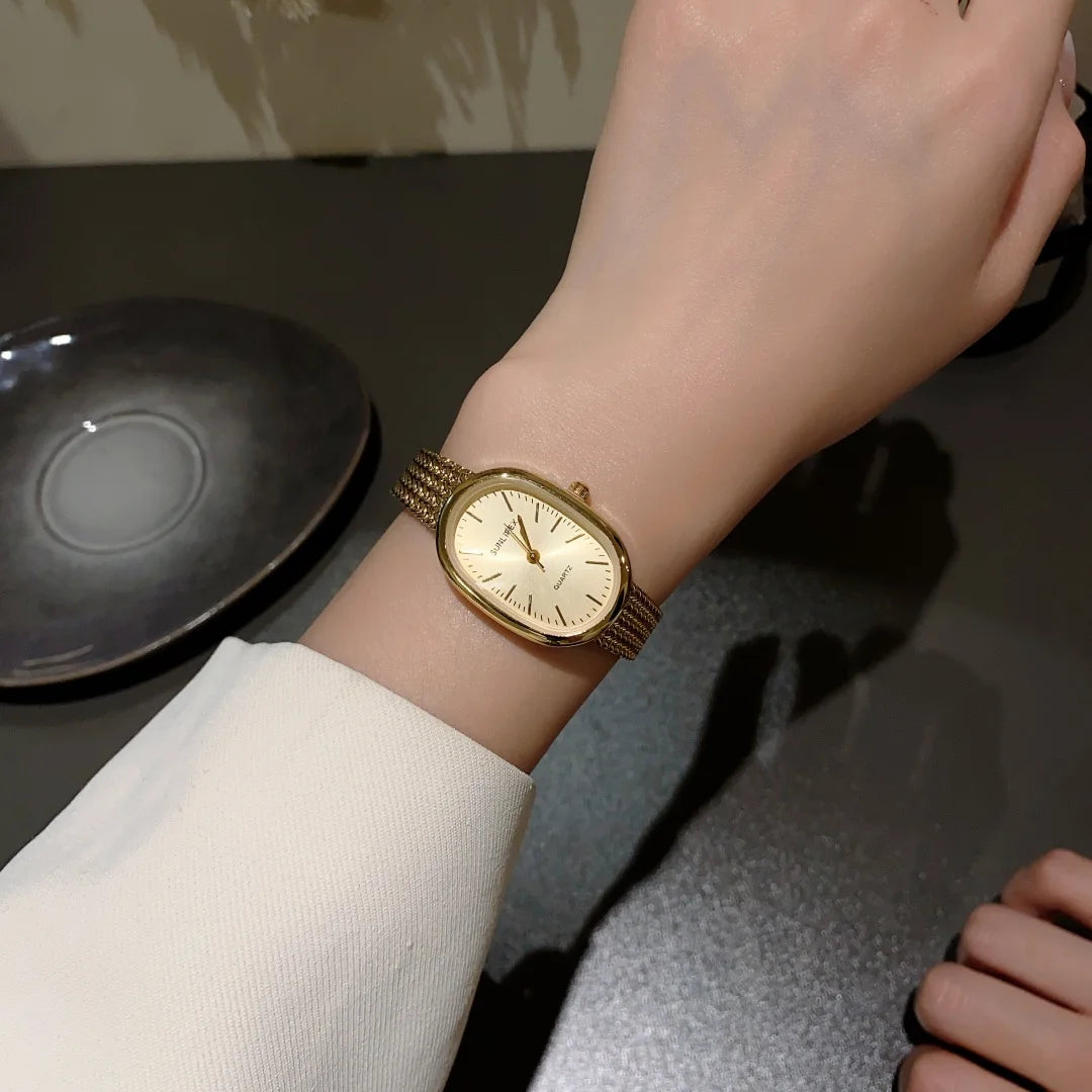 Gold Watches for Women Vintage Bracelet Wrist Watch Luxury Small Ladies Oval Quartz Watch