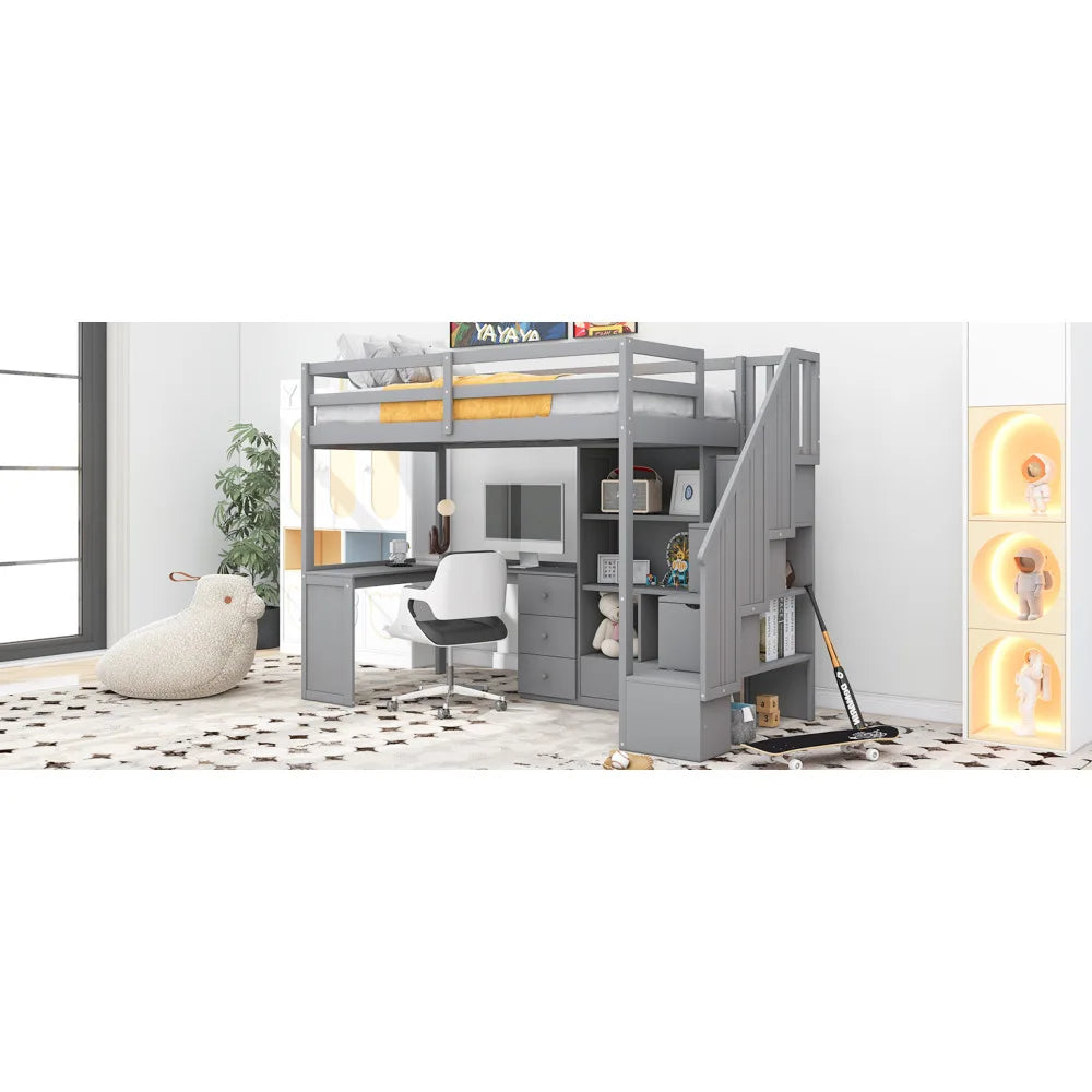 Twin Size Loft Bed with L-Shaped Desk and Drawers, Cabinet and Storage Staircase, Gray