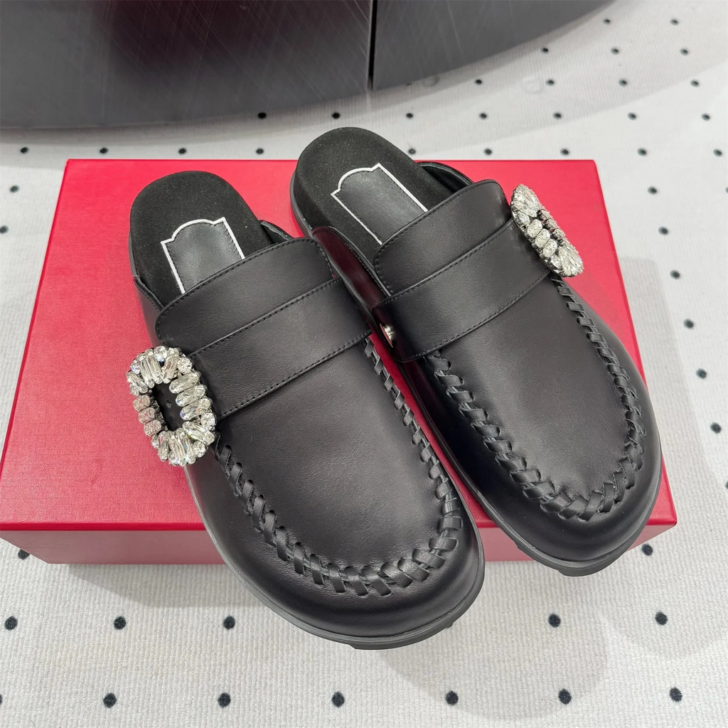 Top Version Genuine Leather Round-Tpe Thick Sole Woman Slippers Buckle-Belt Decora Mules Slip-ons Loafers Slides Bota Feminina