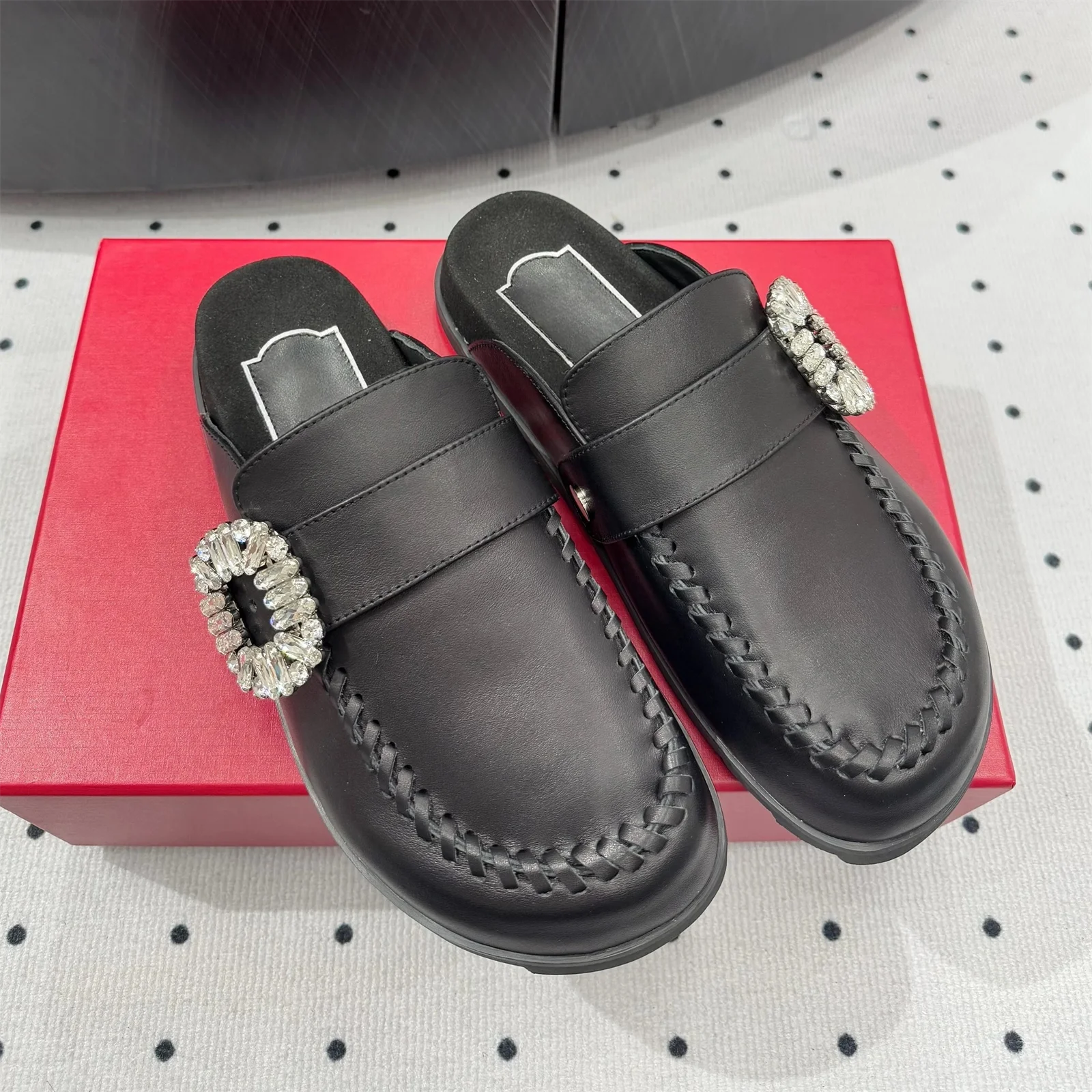 Top Version Genuine Leather Round-Tpe Thick Sole Woman Slippers Buckle-Belt Decora Mules Slip-ons Loafers Slides Bota Feminina