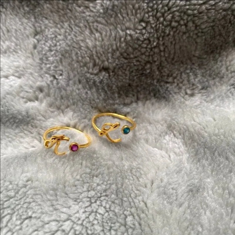 Custom Birthstone Ring Personalized Engraved Name Monthly Gemstone Accent Delicate Silver Plated Jewelry Unique Birth Month