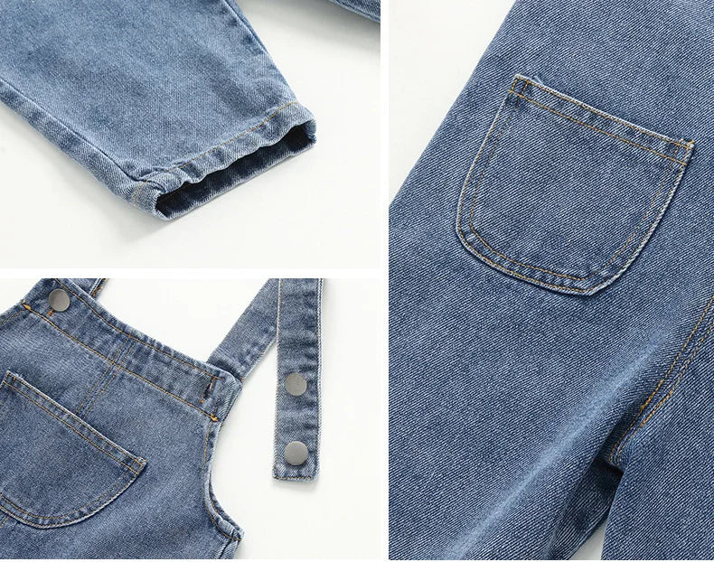 New Spring Kids Pants Baby Girls Overalls Boys Solid Denim Jumpsuits Children Trousers 0-5Y