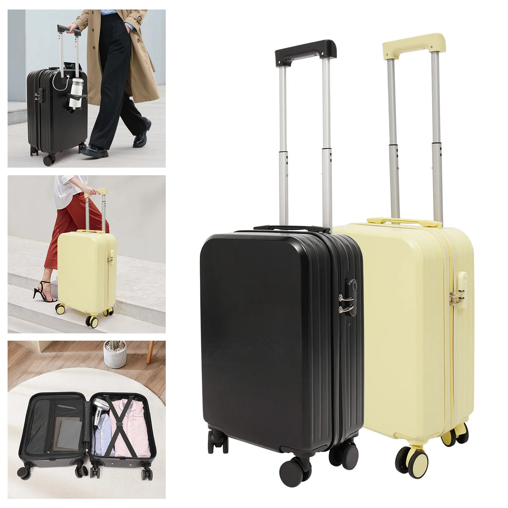 20" Carry On Luggage with Cup Holder USB Port Hard Top Handle Shell Rolling Travel Suitcase with Spinner Wheels