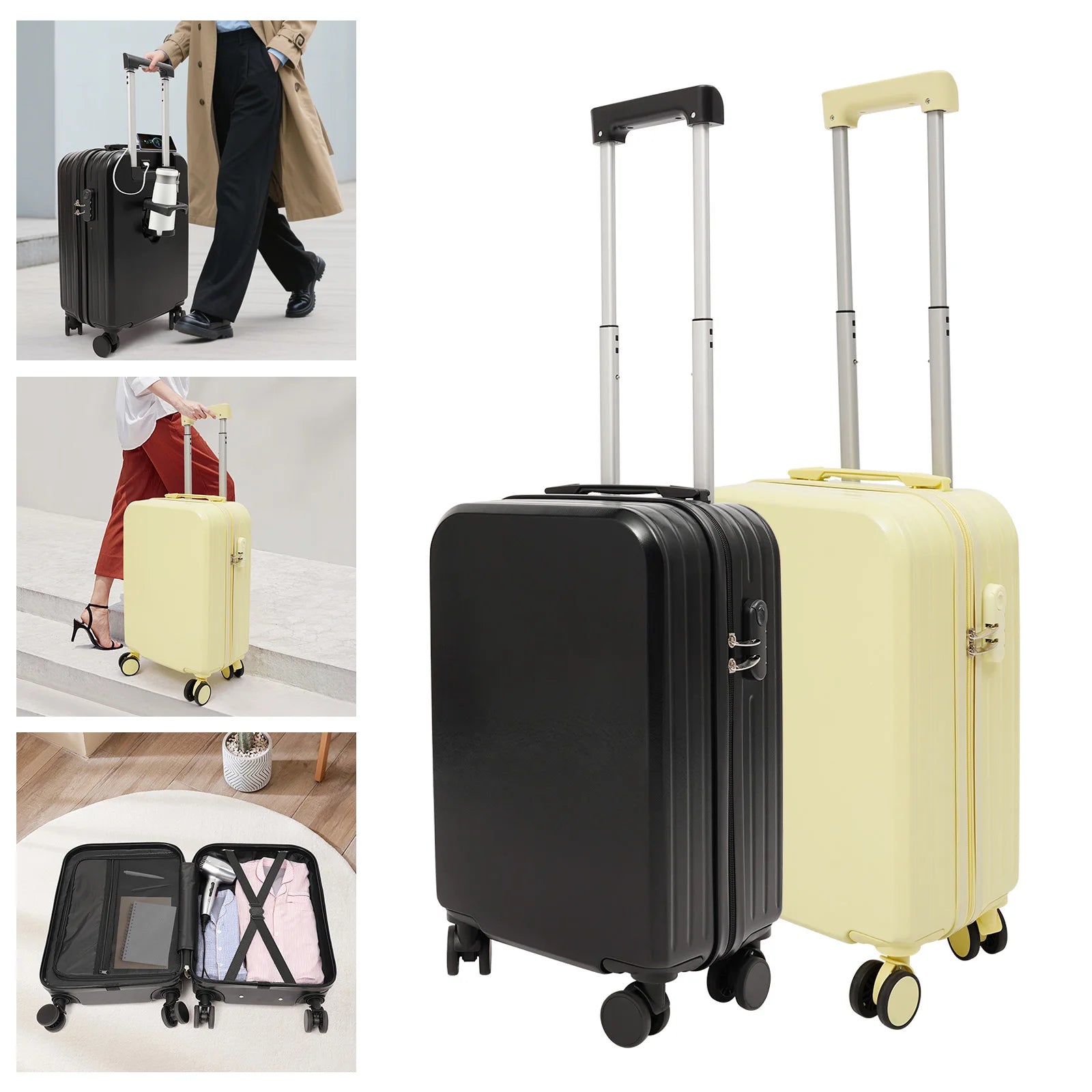 20" Carry On Luggage with Cup Holder USB Port Hard Top Handle Shell Rolling Travel Suitcase with Spinner Wheels
