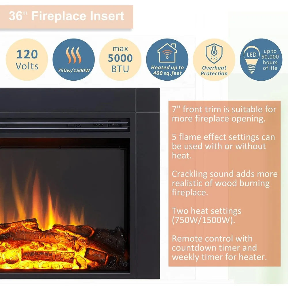 LegendFlame Jaden 36 Electric Fireplace Insert, 22 Tall, with Front Trim, Fire Crackling Sound, 750W/1500W Heater, Remote Contro