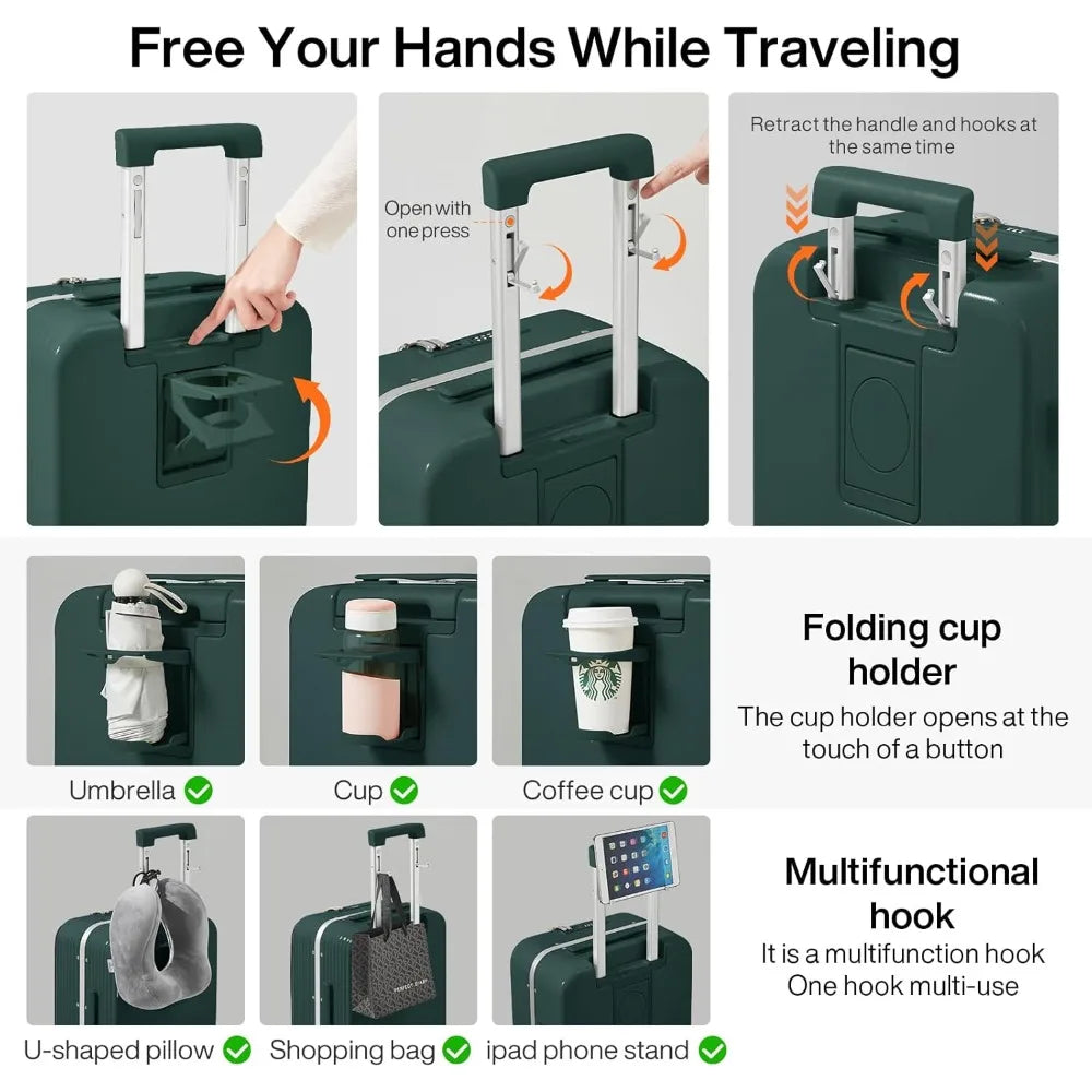 mixi Carry On Luggage with Cup Phone Holder and Charger Hard Shell Suitcases with Spinner Wheels,20 Inch Blackish Green