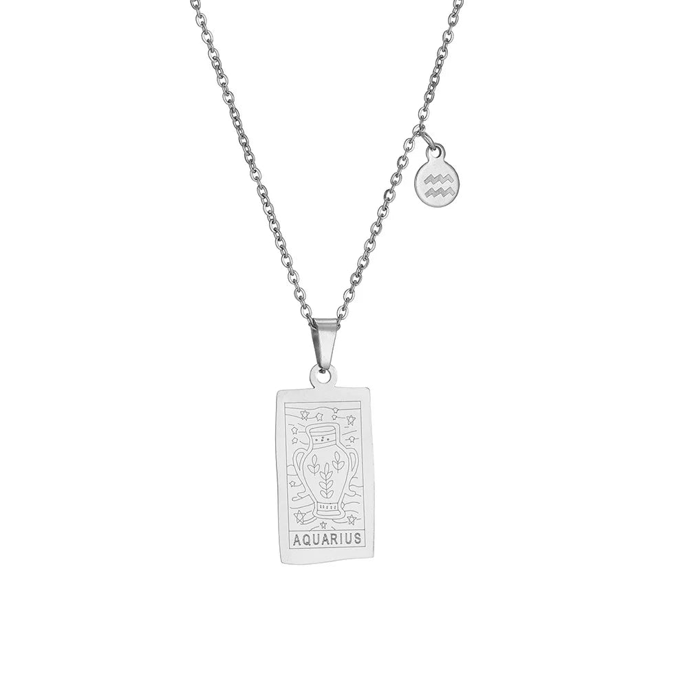 Stainless Steel Square Tarot Card Pendant Women Necklace Twelve Constellations Gold-Plated Clavicle Chain Horoscope Gifts