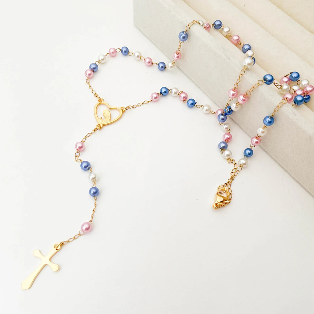 Y Shape Beads Chain Gold Color Stainless Steel Virgin Mary Cross Rosary Pendant Long Necklace Women Girls Jewelry Spiriti Pray