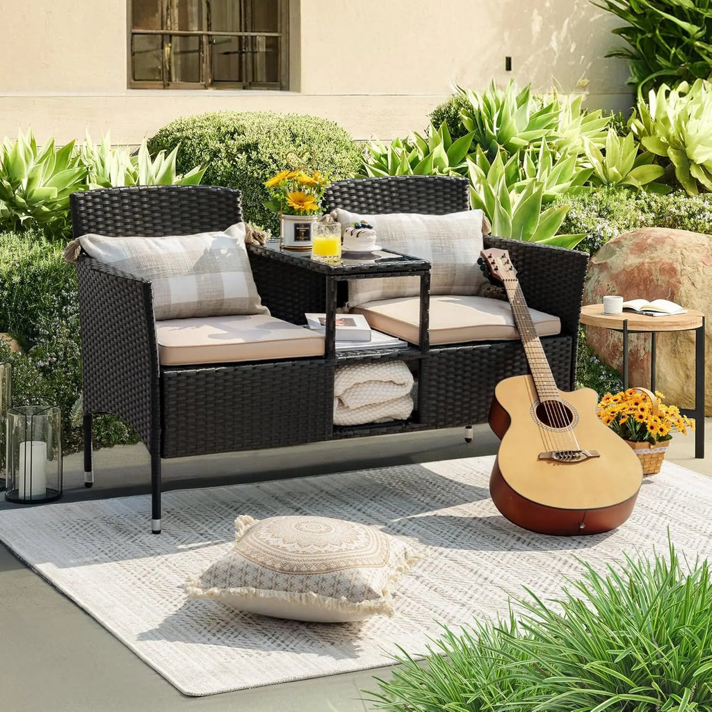 Outdoor Patio Loveseat Modern Rattan 2-Seat Patio Conversation Set with Cushions & Built-in Coffee Table Porch Furniture for Gar