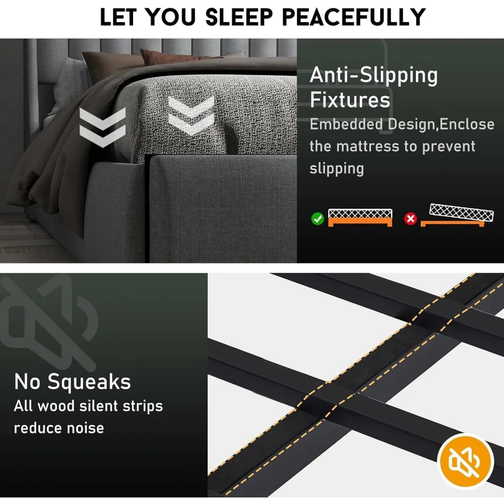 Queen Bed Frame with Headboard and 2 Storage Drawers, Platform Bed Frame Queen Size Upholstered with LED Lights and Charging Sta