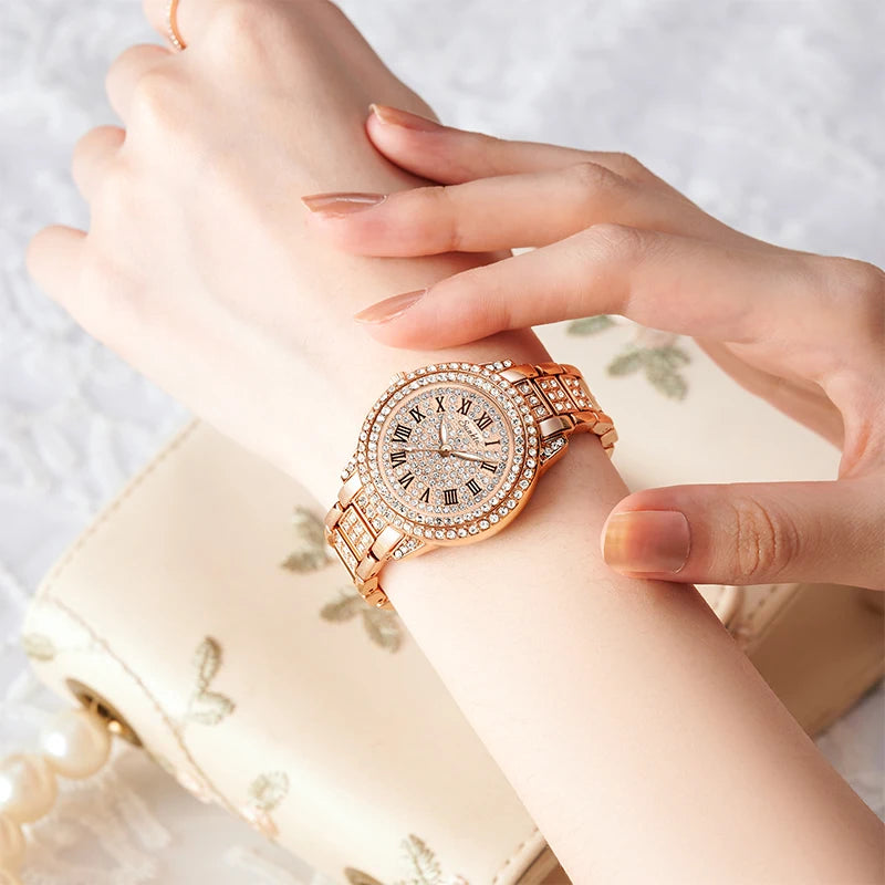 SUNKTA Women Wristwatches Relojes Para Mujer Luxury Classic Golden Watch Women Alloy Strap Round Rhinestone Dail Quartz Watches