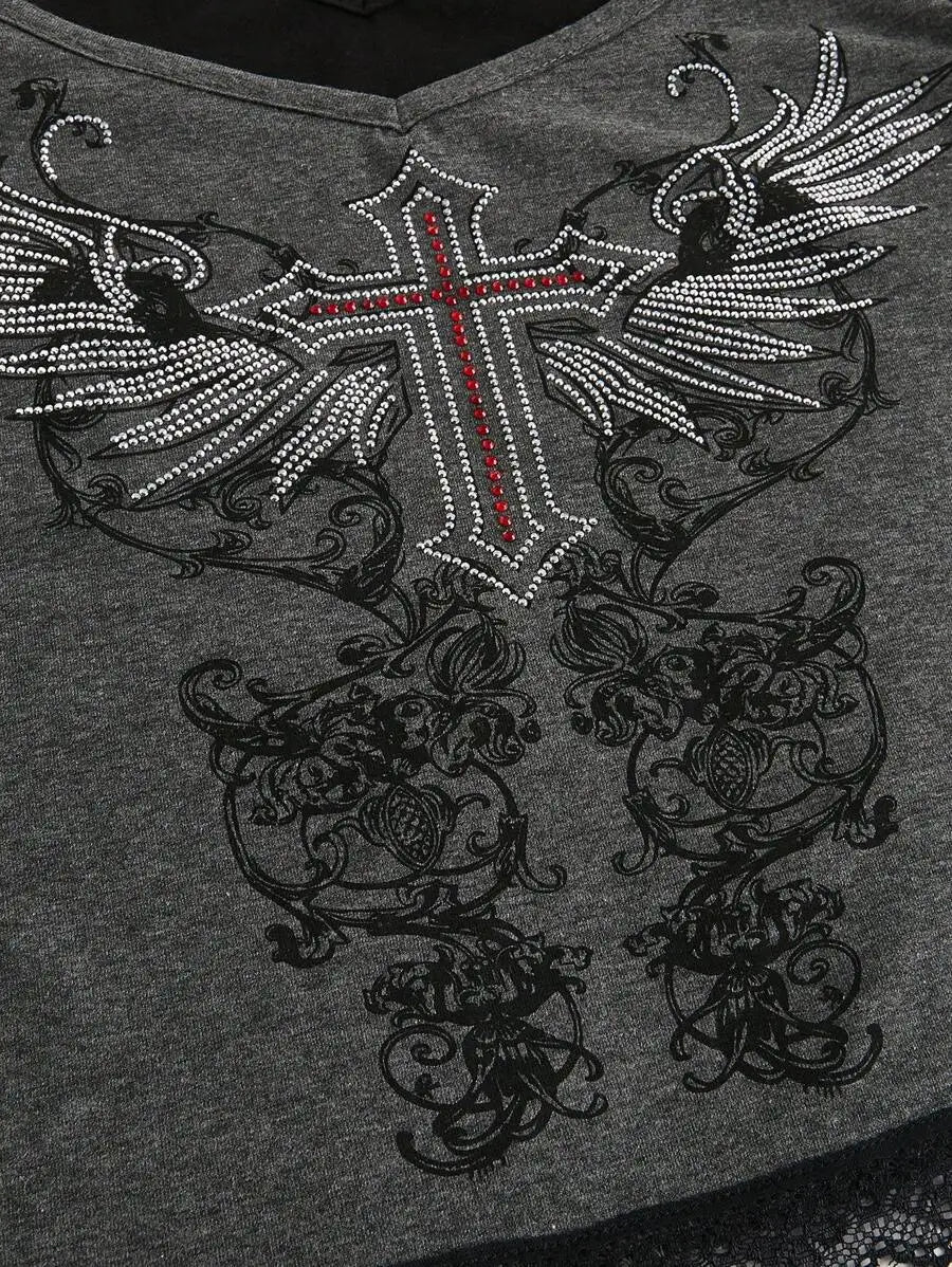 Vintage Fake two items Graphic Women Harajuku Y2k Aesthetic 2000s Oversized Sexy Off Shoulder Short Sleeve T-shirts Grunge