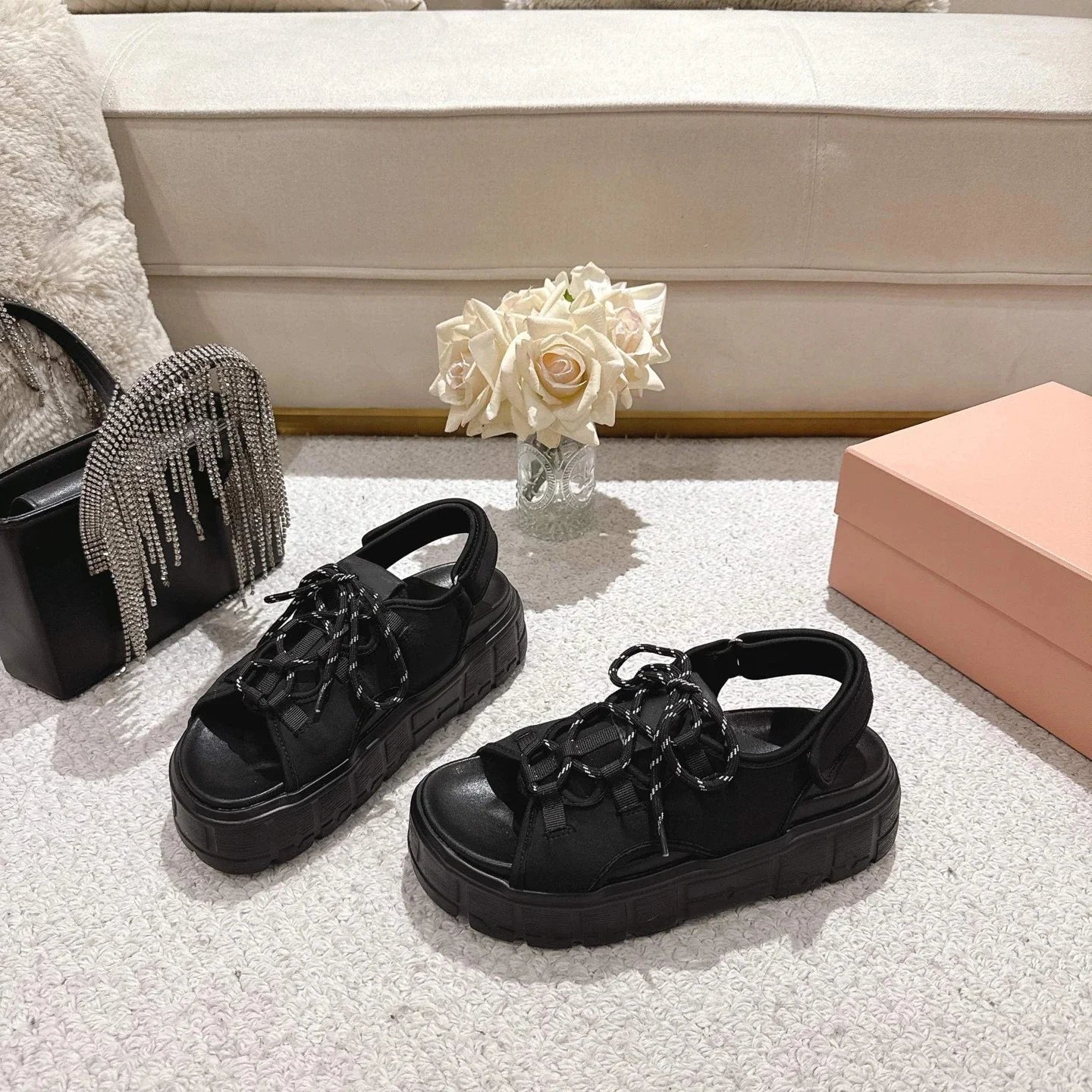 Shoes Women Size35-41 Genuine Leather Sandals Super High Heels Flat Platform Pumps Pleated Designer Shoes Zapatillas De Mujer