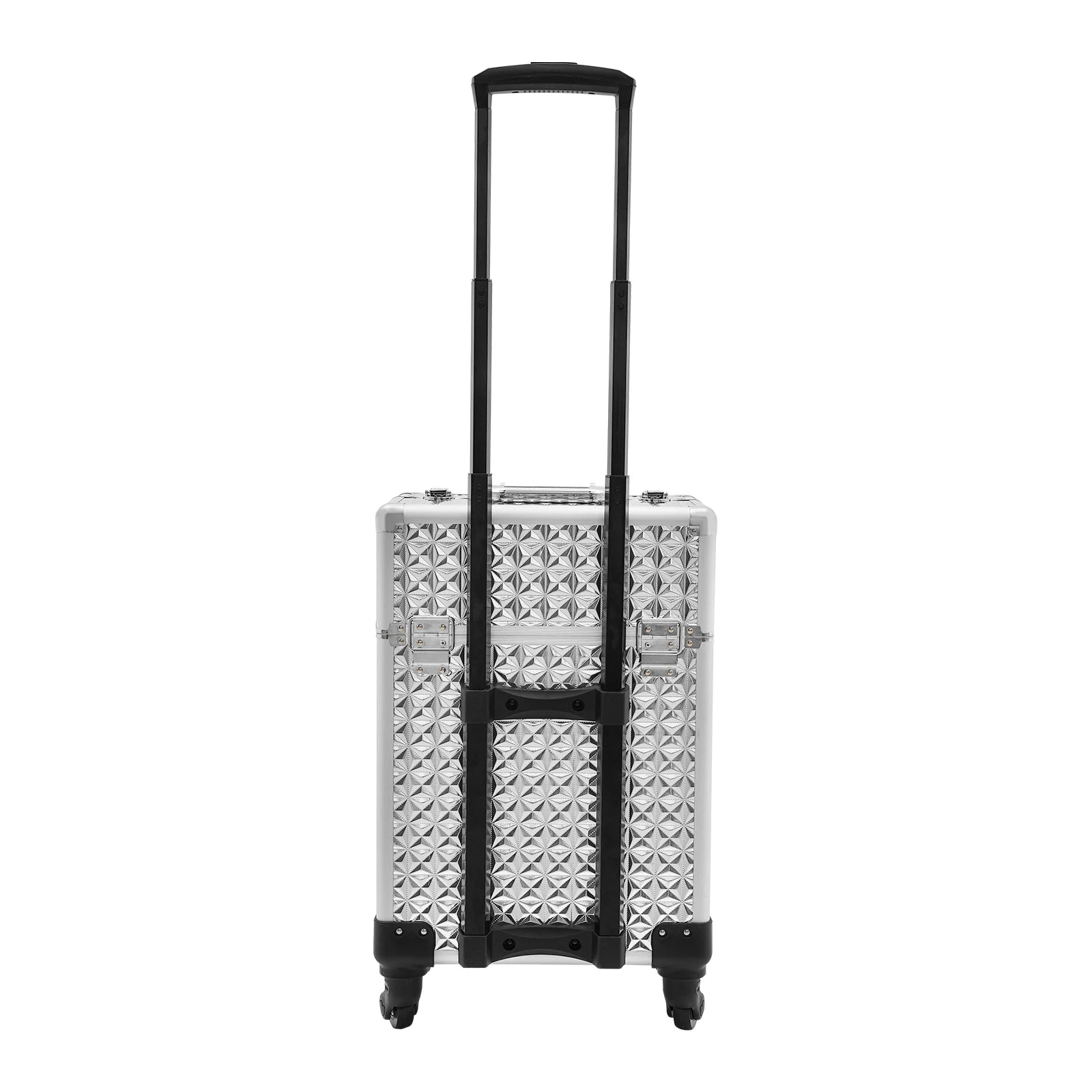 Makeup Rolling Train Case, Cosmetic Travel Trolley Storage Sliding Drawer Hairstylist Organizer Box Salon Barber Case Silver