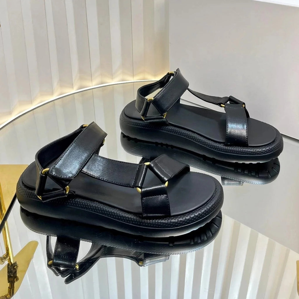 2025 New Arrival Summer Genuine Leather Open-Toe Thick Sole Woman Gladiator Sandals Magic Tape Beach Shoes Handmade Botas Mujer