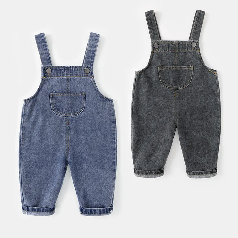 New Spring Kids Pants Baby Girls Overalls Boys Solid Denim Jumpsuits Children Trousers 0-5Y
