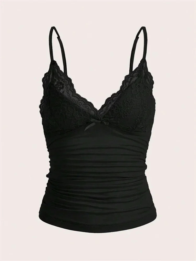 Sexy Contrast Lace Bow Front Crop Cami Top Women 2025 Summer Grunge Punk Y2K Clothes Ruched Skinny Backless Tee Shirt