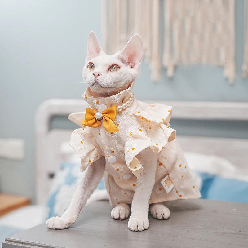 Luxury Lotus Cat Dress with Bow-tie Sphynx Cat Devon Rex Conis Cat Costume Kitten Outfits Sphynx Cat Dress Hairless Cat Clothing