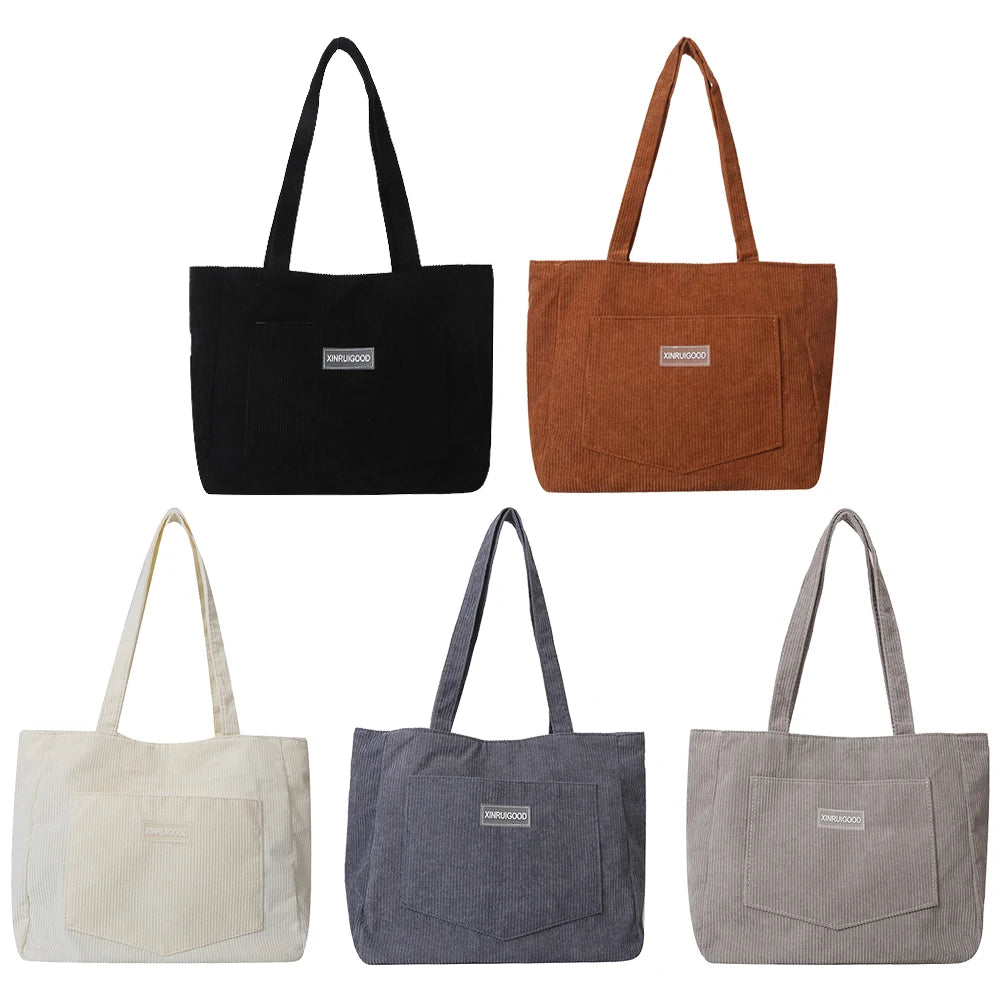 Women Large Capacity Shoulder Bags with Pockets Compartments Cord Tote Bag Solid Hobos Bag for School Work Shopping