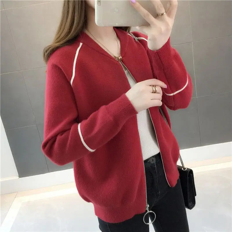 Sweater Jacket for Women Spring Clothes Loose Short Zipper Knitted Cardigan with Thick Top