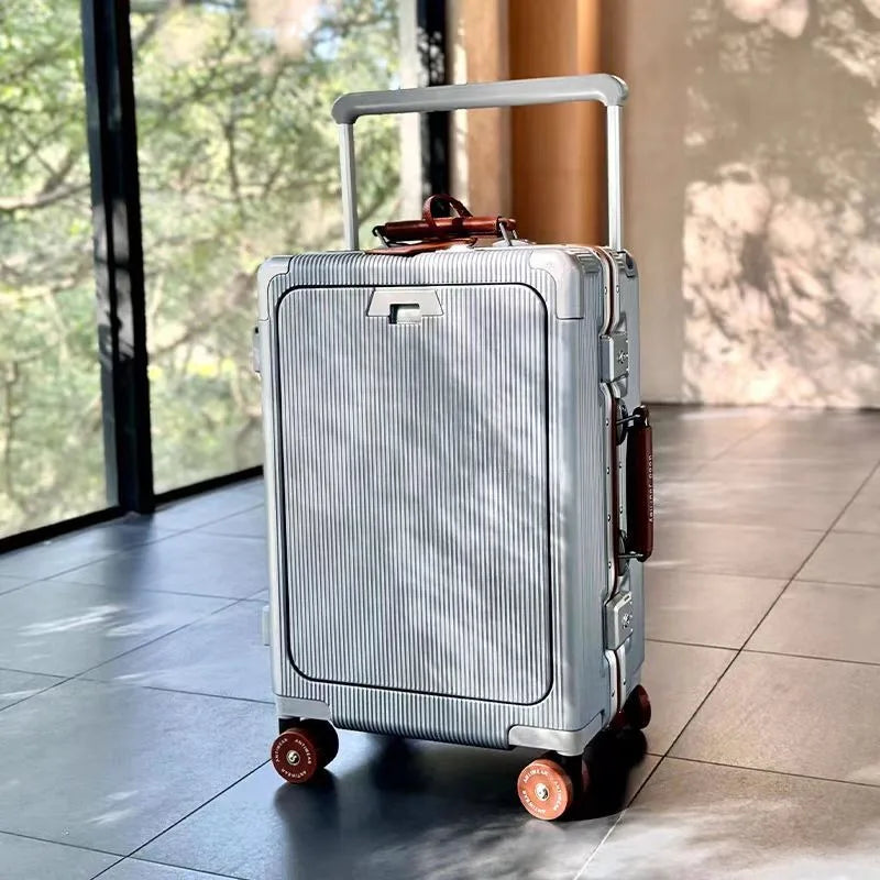 Front Opening Pocket Rolling Luggage Aluminum Frame Wide Handle Trolley Suitcase with Upgrade Silent Wheel USB Charging Plug TSA