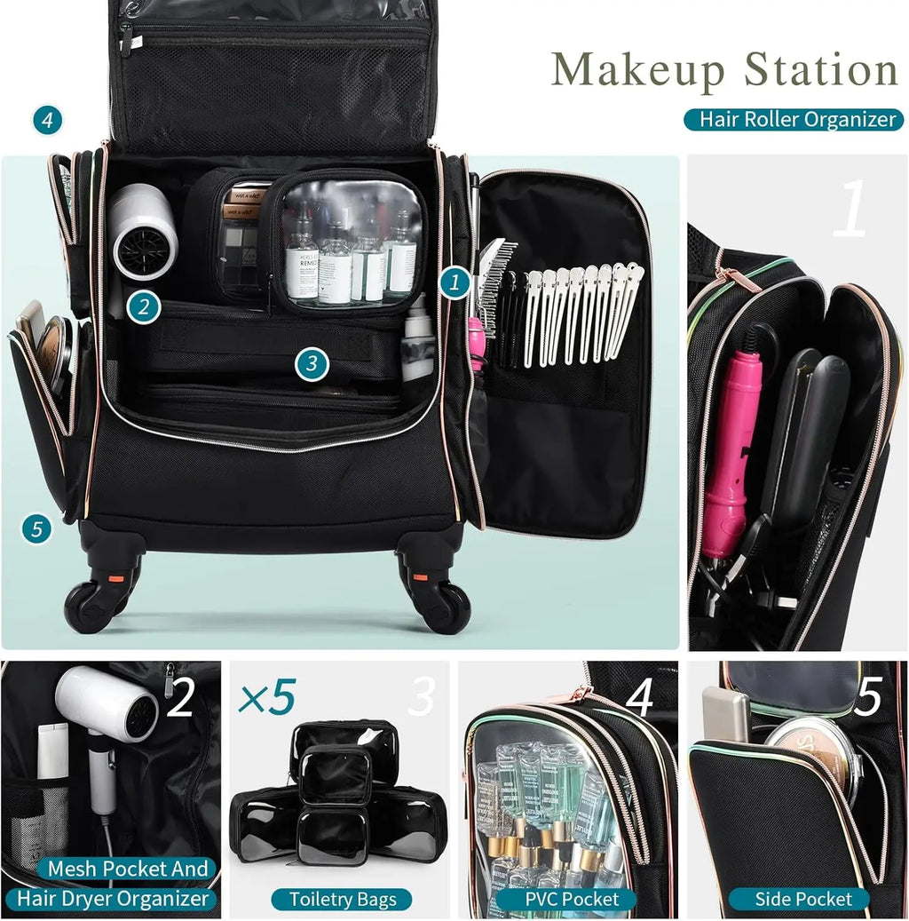 Professional Rolling Makeup Train Case,  Make Up Storage Bag for Makeup Artist, Hairstylist, Barbers, with 5 Toiletry Bags