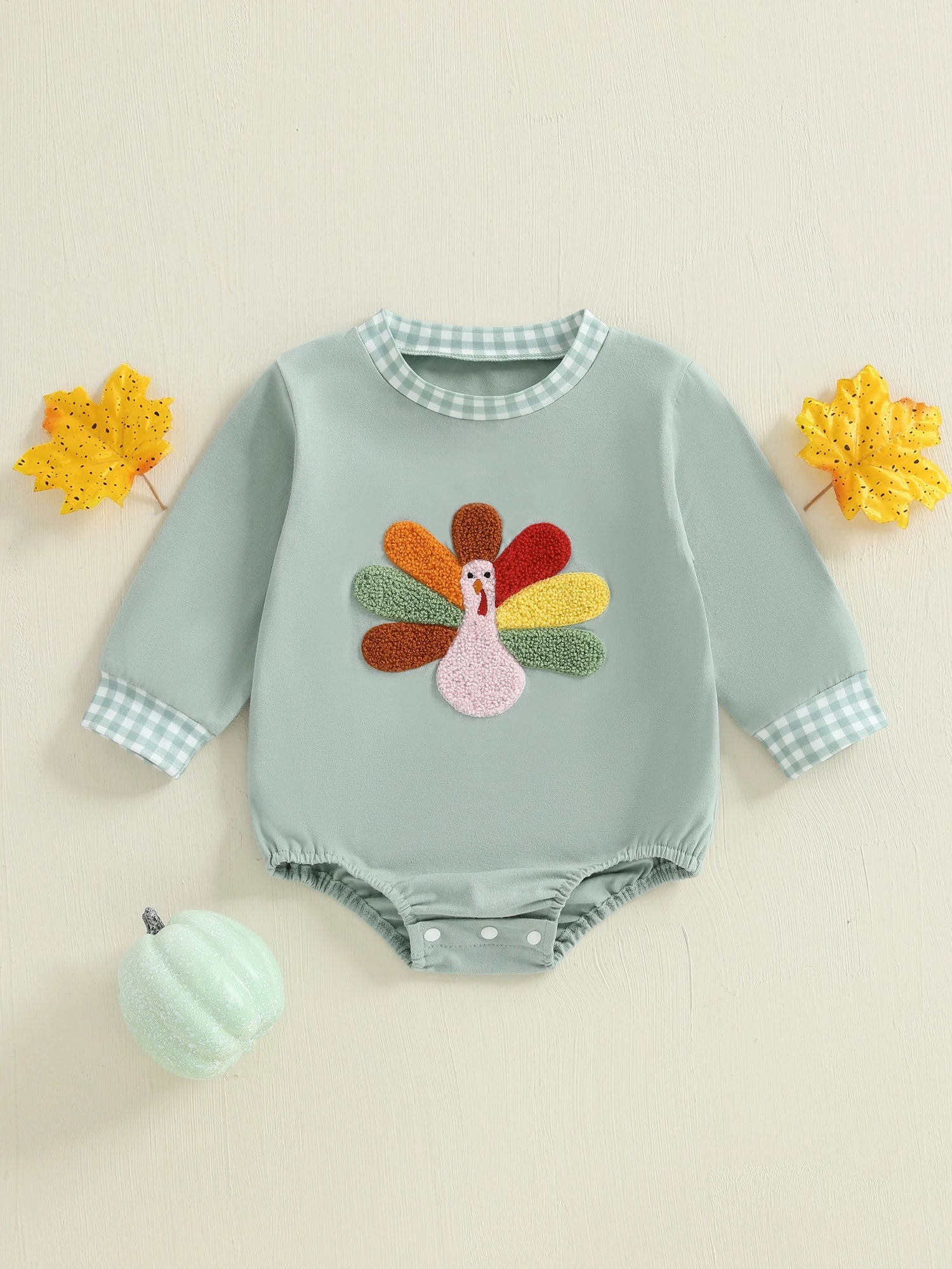 Infant Boy Jumpsuit with Turkey Embroidery and Plaid Trim Long Sleeve Round Neck Bodysuit for Newborns Fall Playsuit