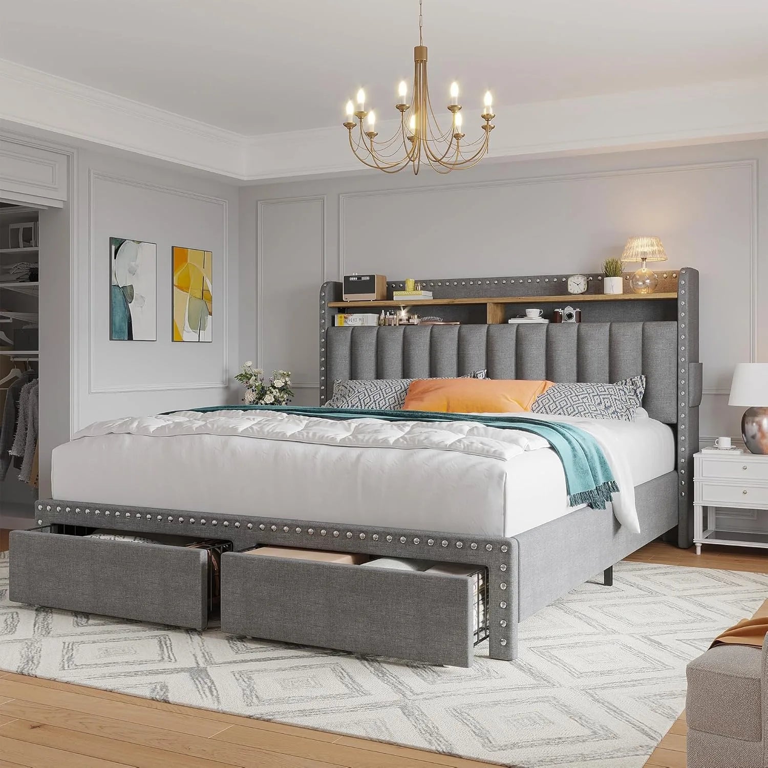 Full size bed frame with headboard and storage space, soft padded full bed frame, gray full bed frame with 2 drawers