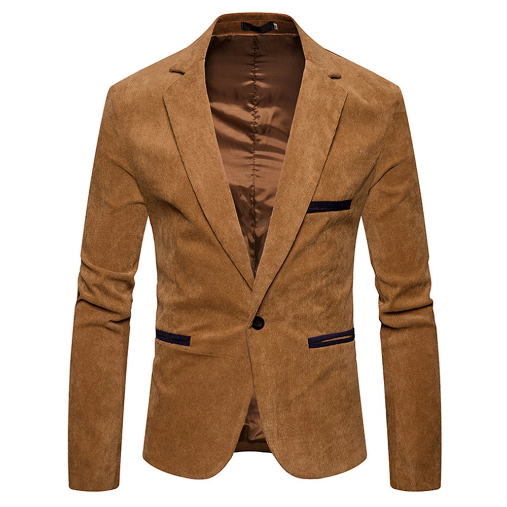 Men's Casual Suit Jacket Fashion Solid Color High Quality Corduroy Button Pocket Lapel Jacket Business Party Leisure Suit
