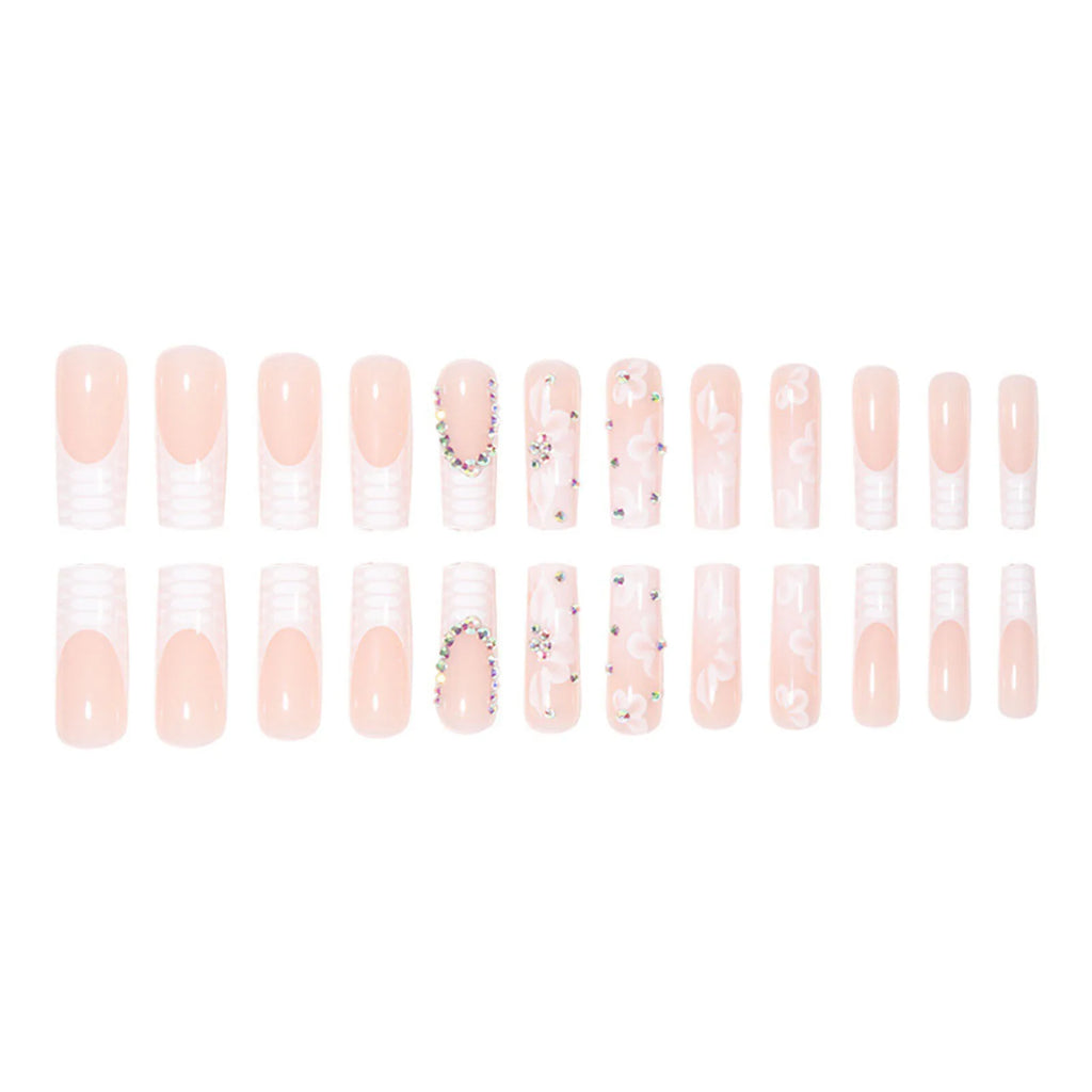 Rhinestone Embellished White Fake Nails Long Square UV Gel Cool Color Nails for Dance Parties Weekend Trips Parties