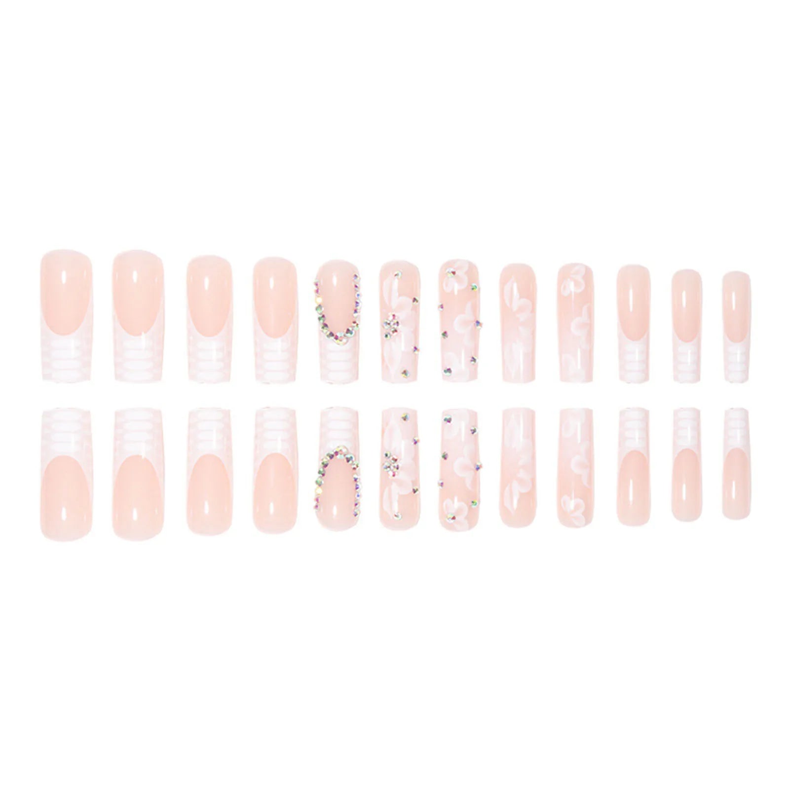 Rhinestone Embellished White Fake Nails Long Square UV Gel Cool Color Nails for Dance Parties Weekend Trips Parties
