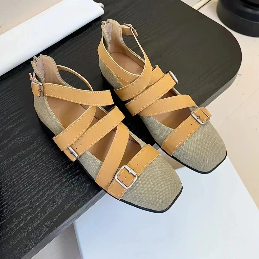 2025 Newest Retro Real Leather Square-Toe Flat Heel Ballet Dance Shoes Buckle-Strap Mary Janes Gladiator Sandals Bota Feminina