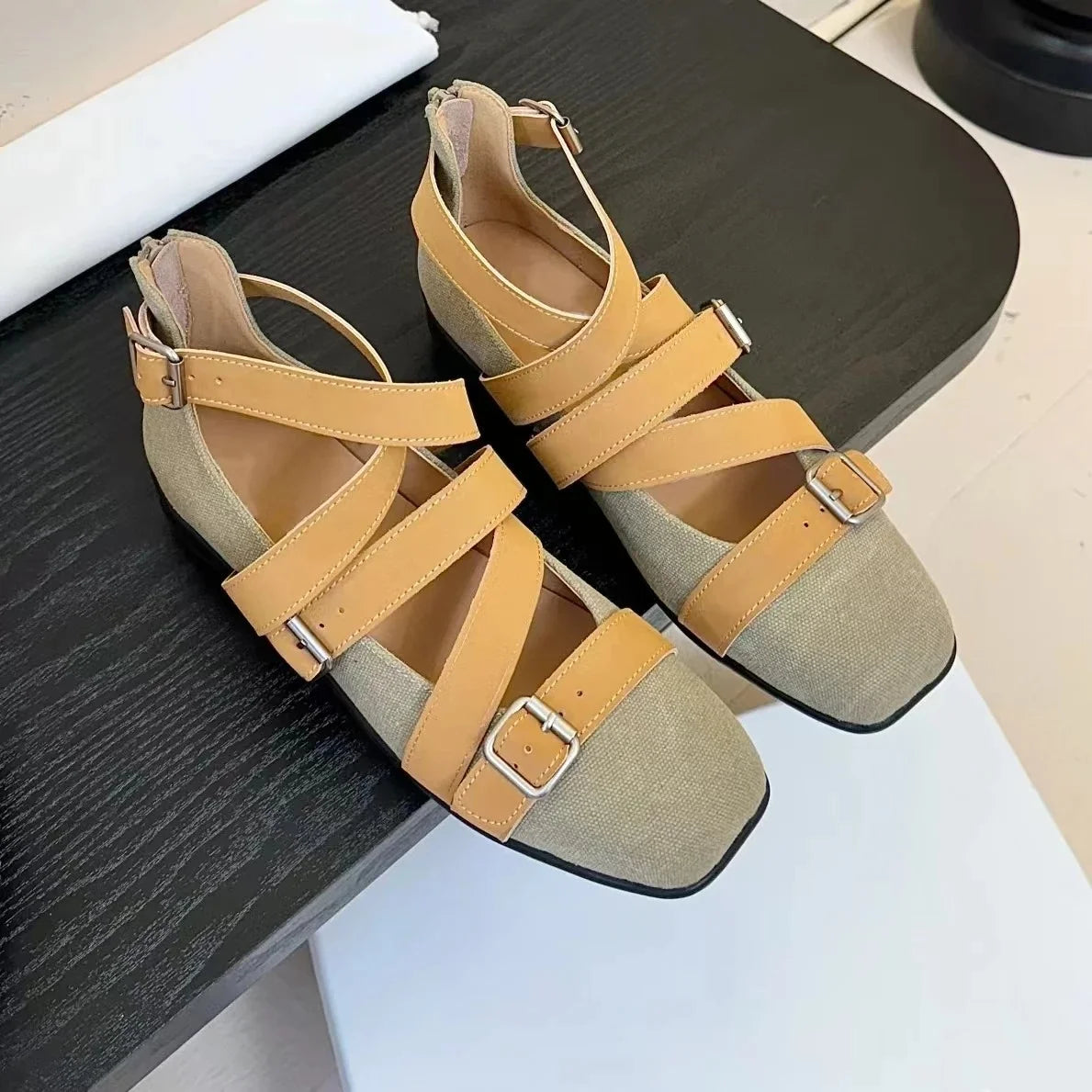 2025 Newest Retro Real Leather Square-Toe Flat Heel Ballet Dance Shoes Buckle-Strap Mary Janes Gladiator Sandals Bota Feminina