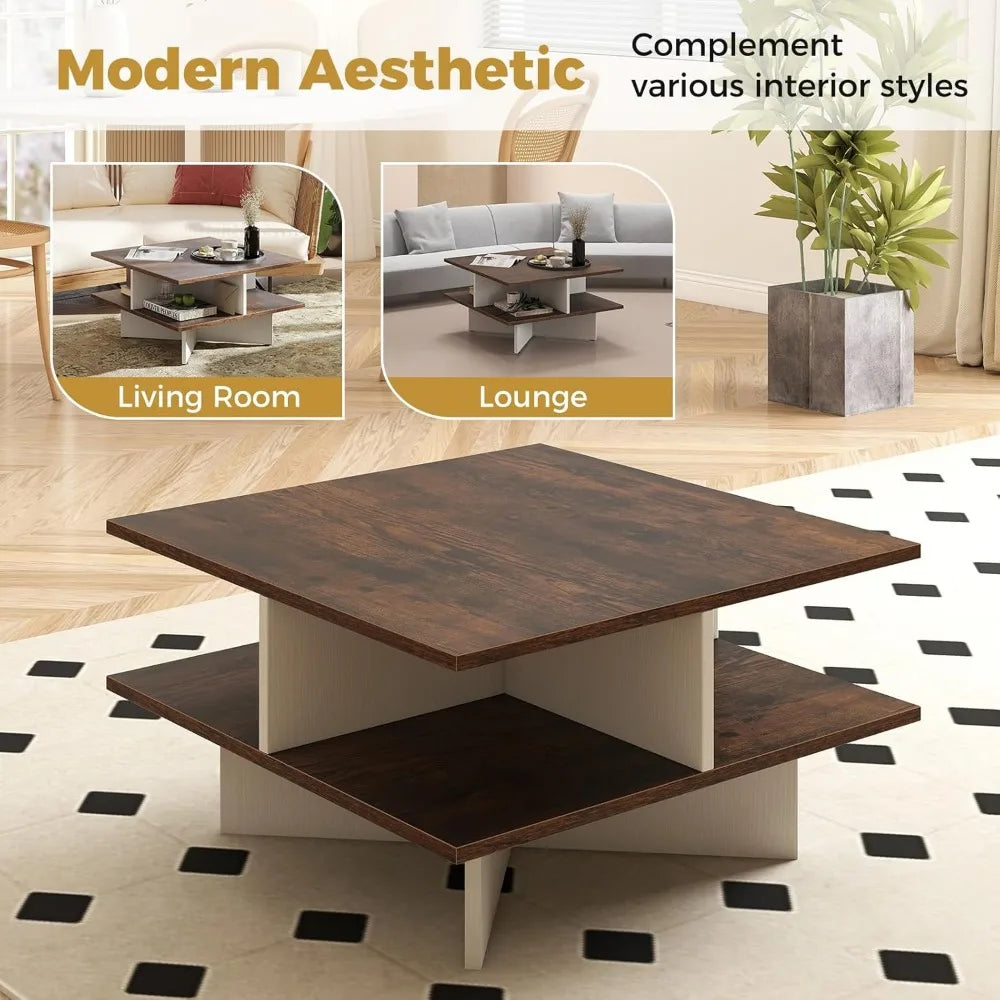 Modern 2-Tier Square Coffee Table with Storage and X-Shaped Base by GOFLAME