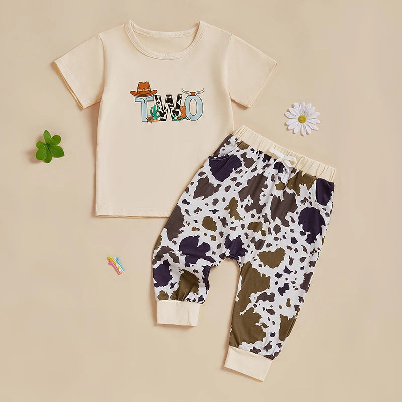 Baby Boy Cowboy Birthday Outfit Rodeo Theme Shirt and Jeans Set with Cow Print Elastic Waistband - 2 Piece Set