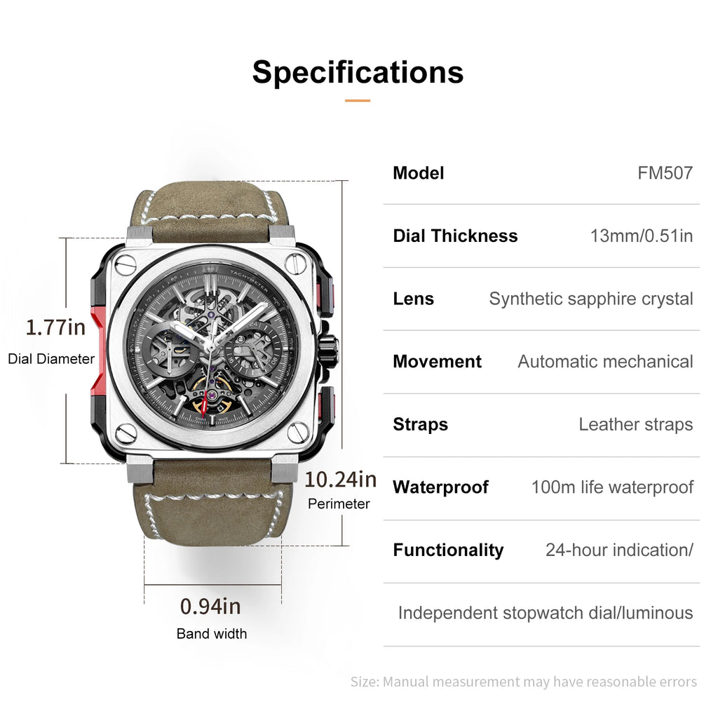 FEICE FM507 Men’s Automatic Skeleton Watch Mechanica Mens Wristwatch Square Sport Luminous Watches 10ATM Waterproof Watches