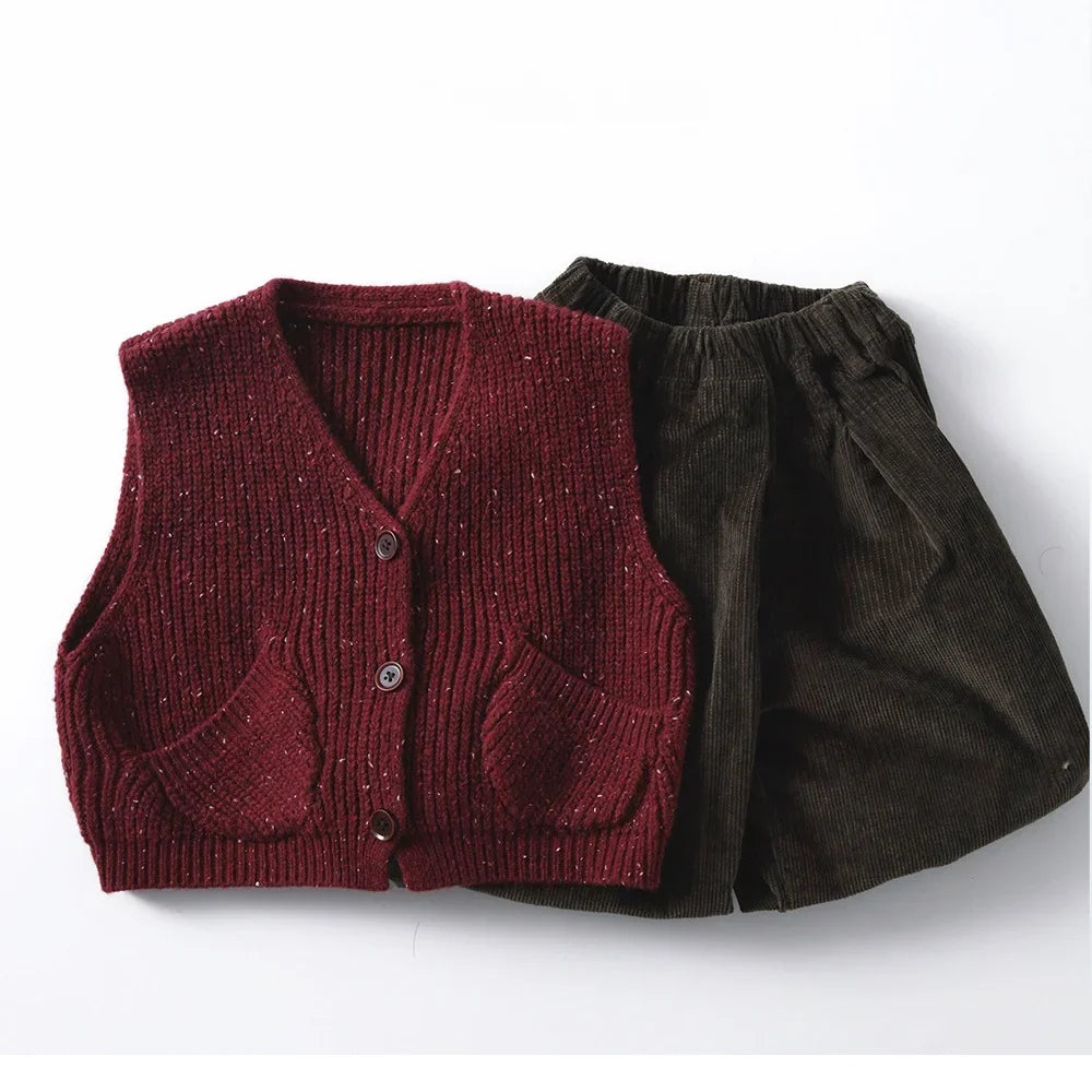 Baby Girls Boys 1-6Y Kids Girl Clothes Burgundy Knitted Cardigan Vest Soft Woolen Fabric Pocket Detail Casual Daily Wear Sweater