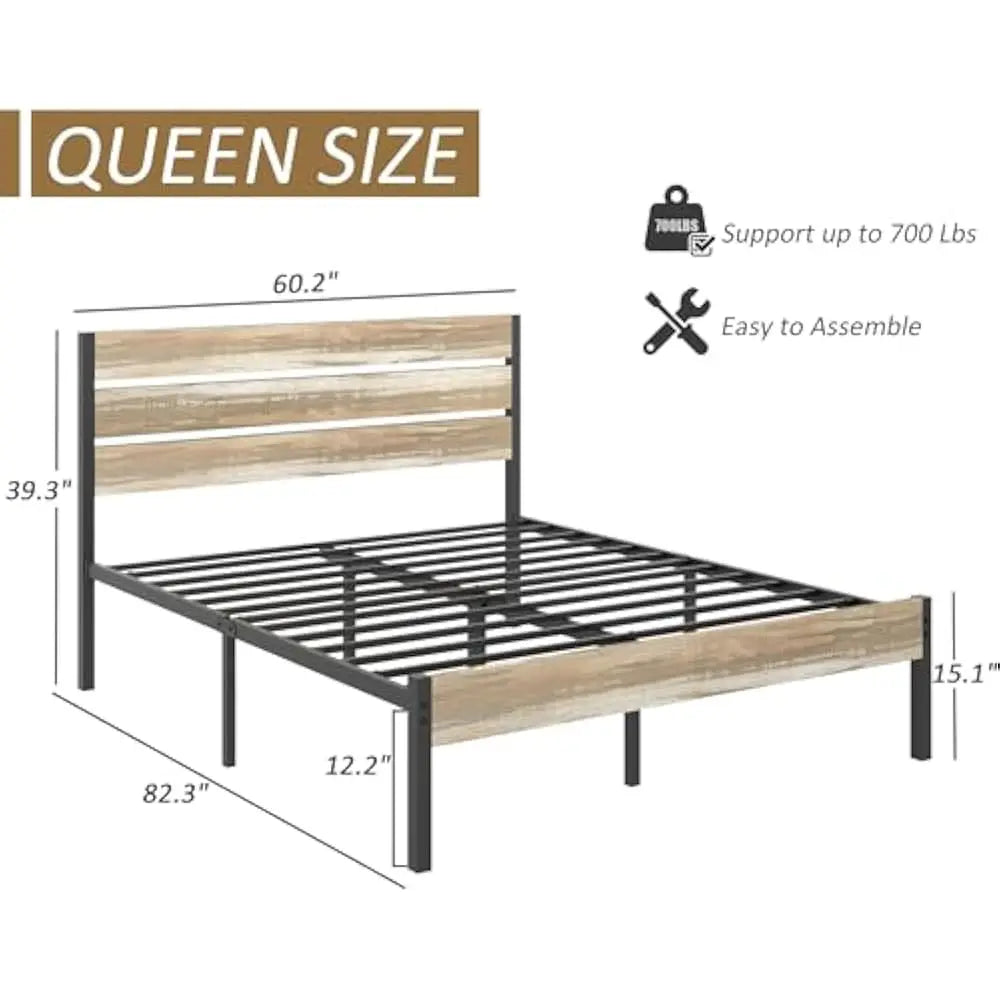 14 Inch Queen Size Bed Frame w/Wood Headboard and Foot board, Platform Mattress Foundation, No Box Spring Needed, Easy Assembly