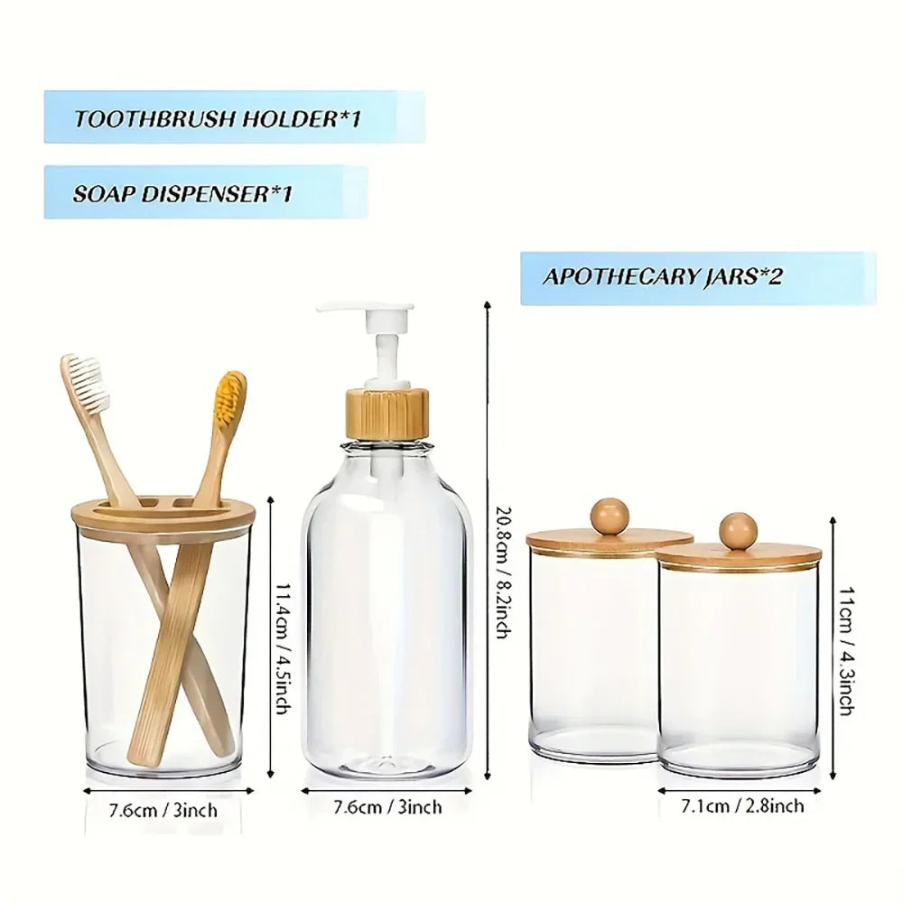 4pcs Bamboo Bathroom Accessories Set - Rustic Boho Decor, Soap Dispenser, Toothbrush Holder, 2 Cotton Swab Holder Jars Soap dish