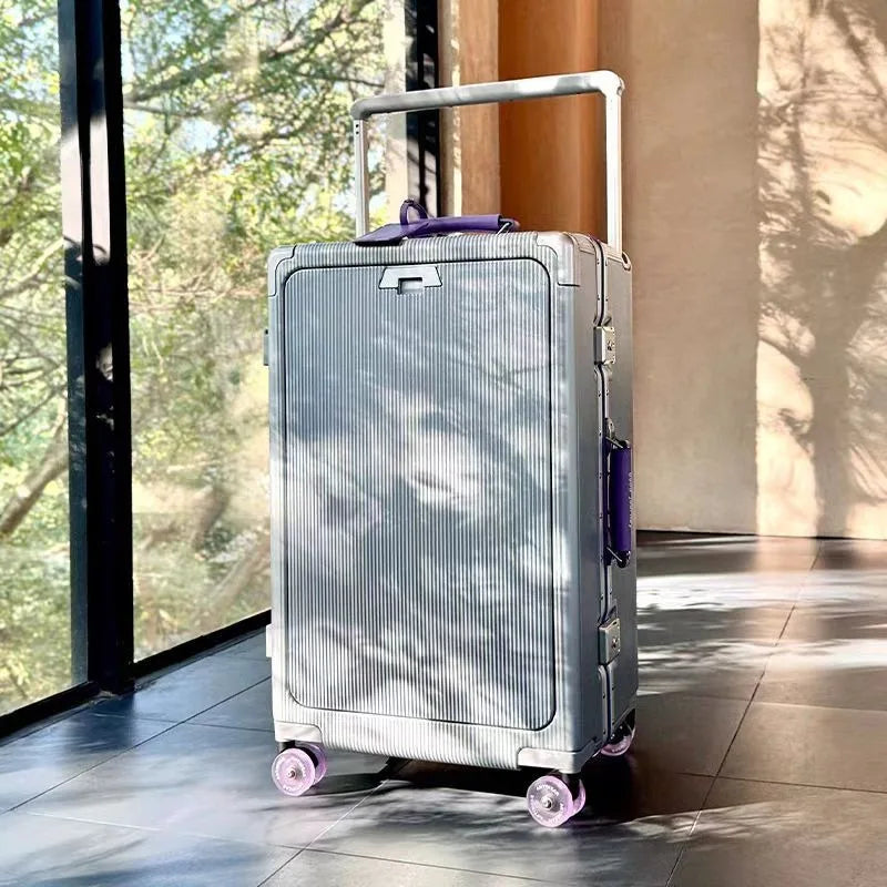 Front Opening Pocket Rolling Luggage Aluminum Frame Wide Handle Trolley Suitcase with Upgrade Silent Wheel USB Charging Plug TSA