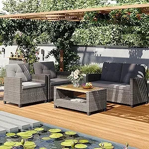 Gray Wicker Outdoor Patio Furniture Set, 4-Piece Conversation Area for Deck, Porch, with Cushioned Sofa Chairs