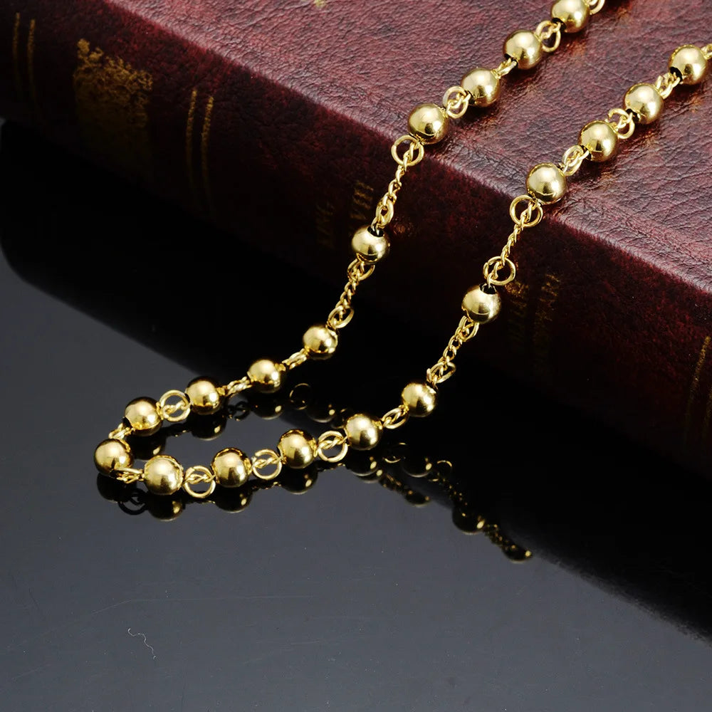 4/6/8mm  Stainless Steel Pendant Necklace Men Women Rosary Beads Chain Necklace