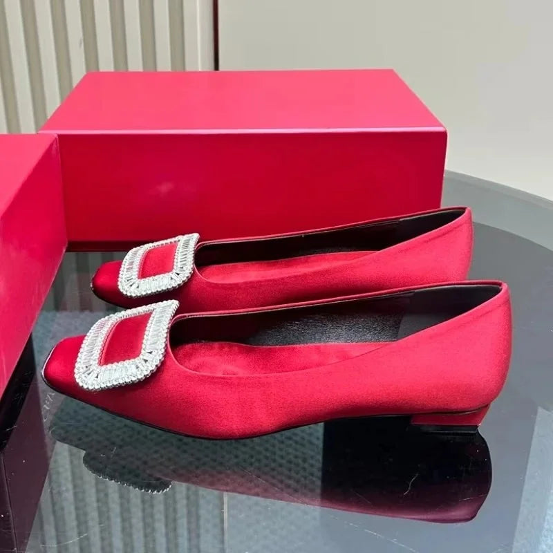 Classic Red Color Shoes For Wedding Top Version Silk Square-Toe Shallow Woman Flats Mary Janes Ballet Dance Shoes Banquet Flats