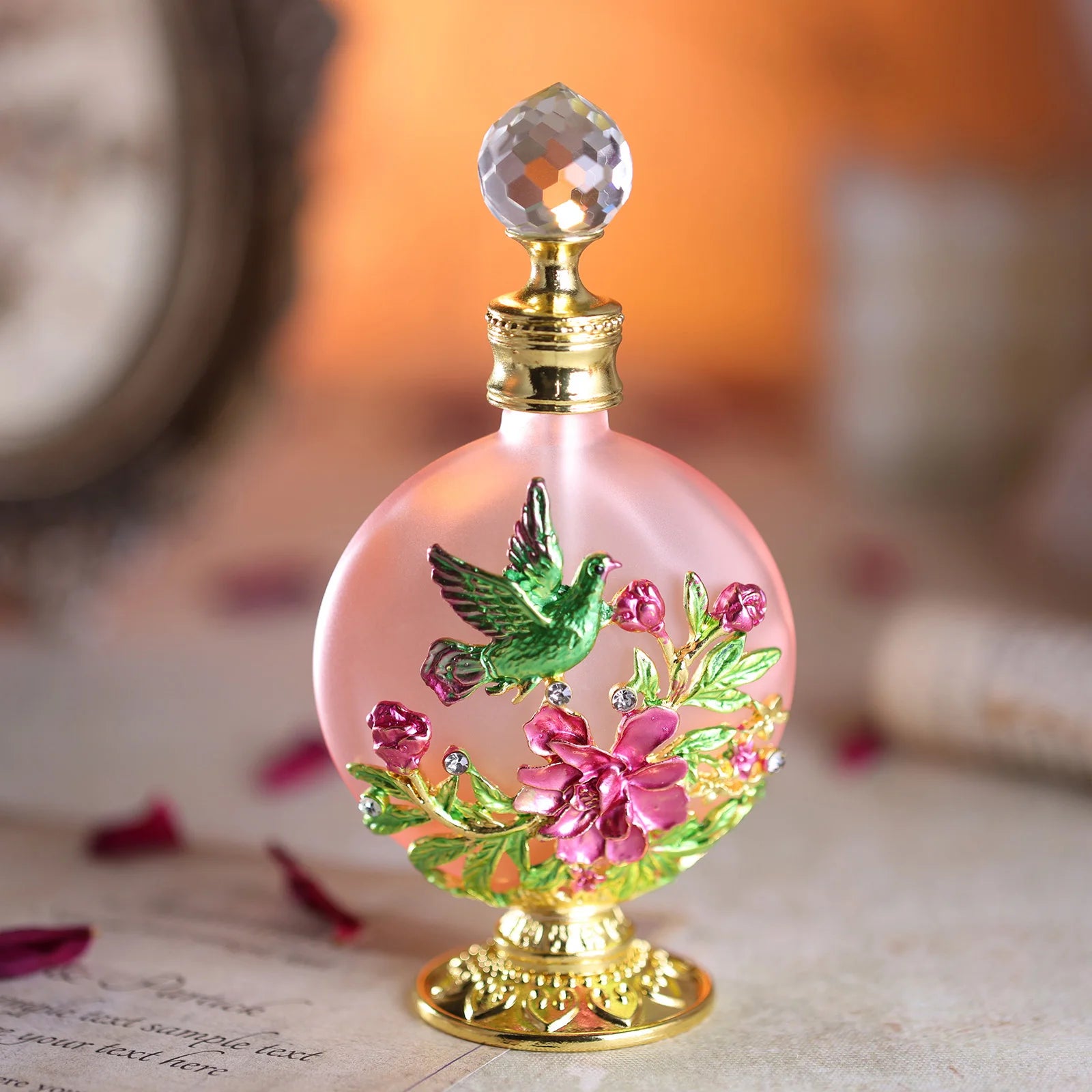 Decor Vintage Bottle Empty Glass Flat Vase Flower Bird Relief Golden Base Crystal Cap Perfume Essential 5" Ornament Beauty Gifts