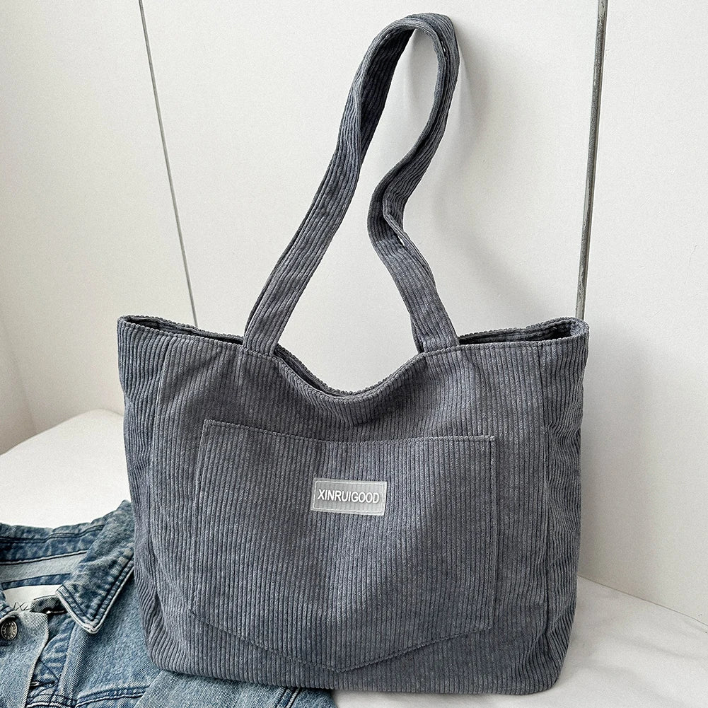 Women Large Capacity Shoulder Bags with Pockets Compartments Cord Tote Bag Solid Hobos Bag for School Work Shopping