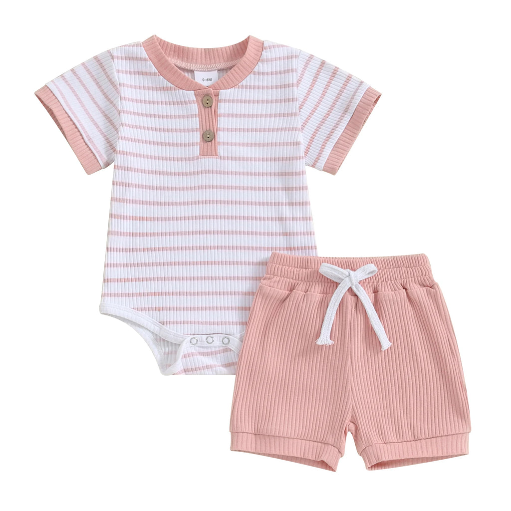 Baby 2 Piece Outfits Summer Striped Short Sleeve Romper and Elastic Shorts Set for Toddler Newborn Girl Boy