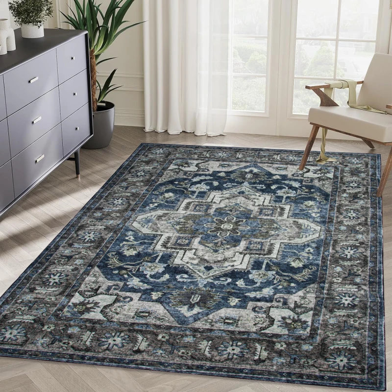 Area Rug 5x7 Vintage Bohemia Non-slip Washable Rug For Living Room Kitchen Bedroom Living Room Flower Design Blue/Brown