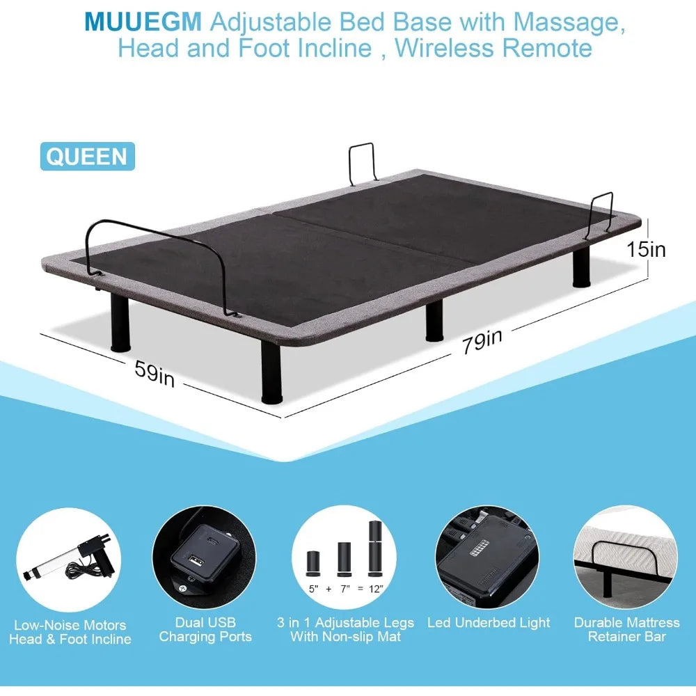 Adjustable Bed Frame Base Queen with Massage,Wireless Remote Control,Ergonomic Motorized Head and Foot Incline,Zero Gravity,Ant