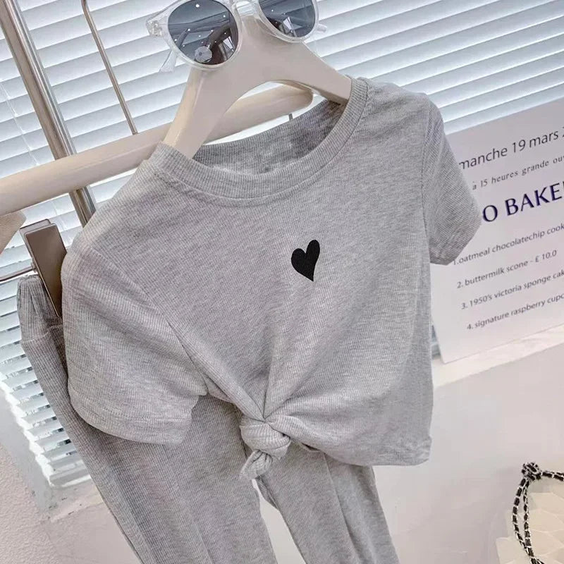 Baby Girls Clothes Outfit Summer Sweet Heart  Top & Pants 2 Pieces Set Teenage Girl Bell-bottom Trousers Tracksuit Kids Clothes